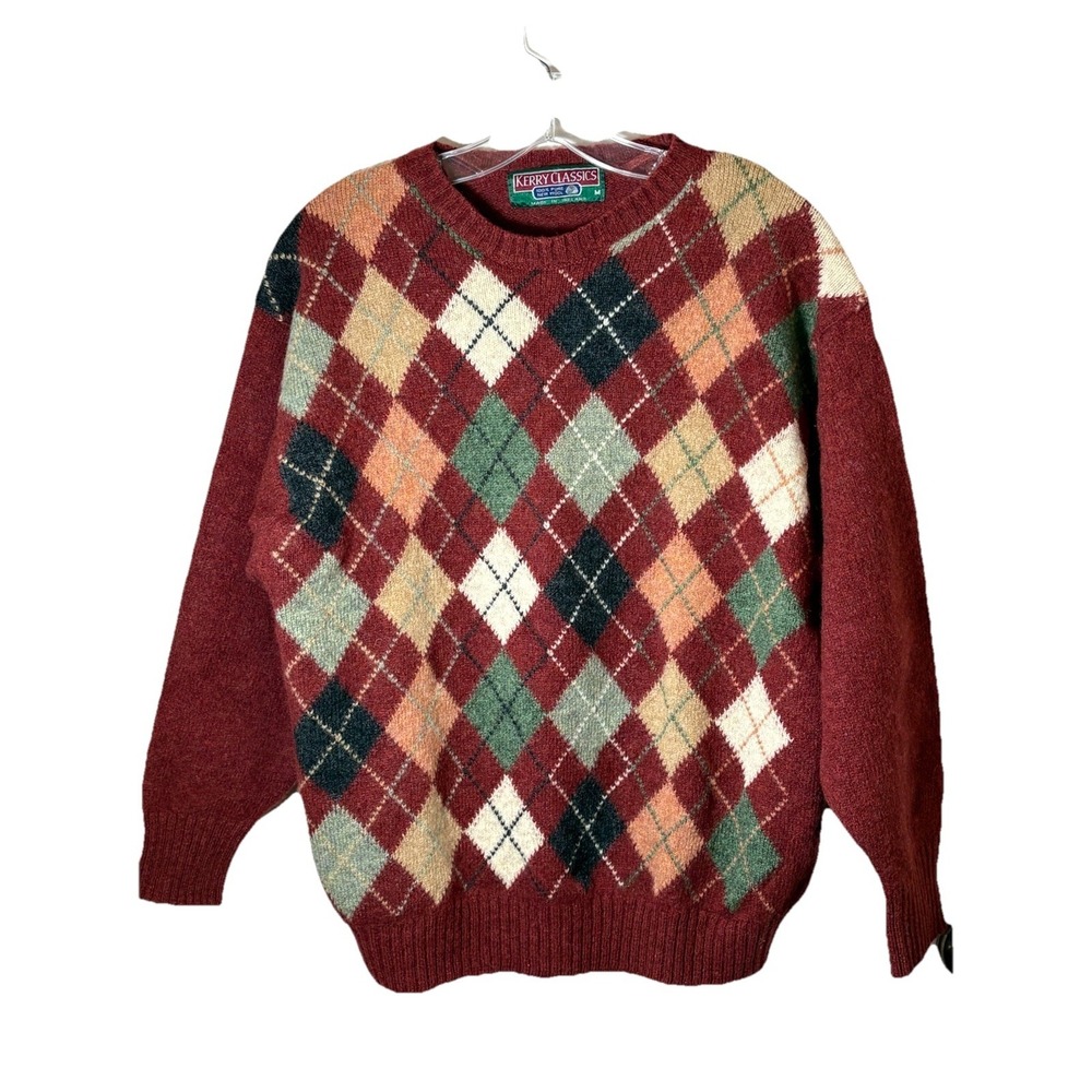 Vintage Kerry Classics Dark Red Sweater Mens M  Ireland 100% Wool Argyle Diamond
